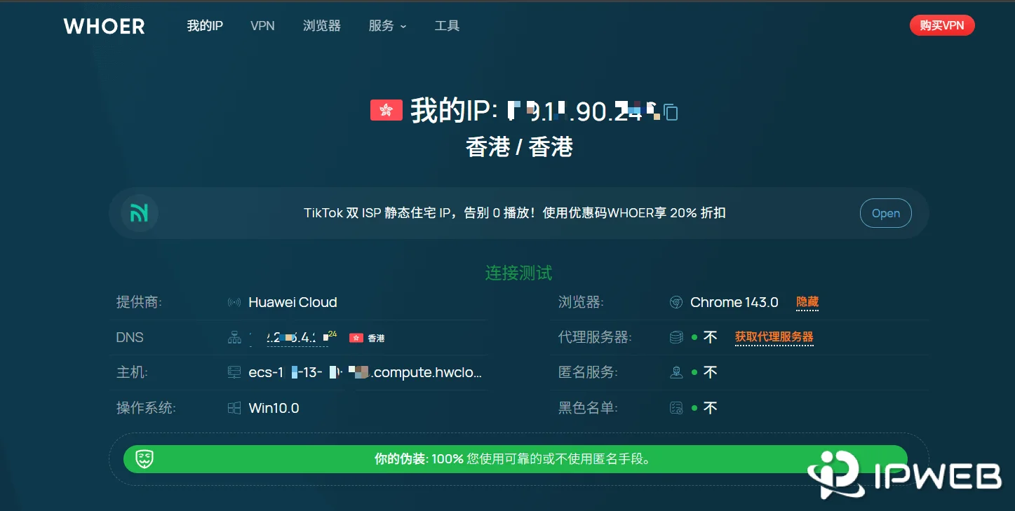 Whoer.net 匿名度检测评分界面，显示 100% 伪装度及环境一致性检查结果