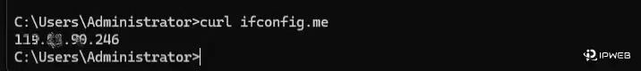 Windows CMD 命令行输入 curl ifconfig.me 查询 IP 地址的界面截图