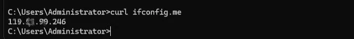 Windows CMD 命令行输入 curl ifconfig.me 查询 IP 地址的界面截图