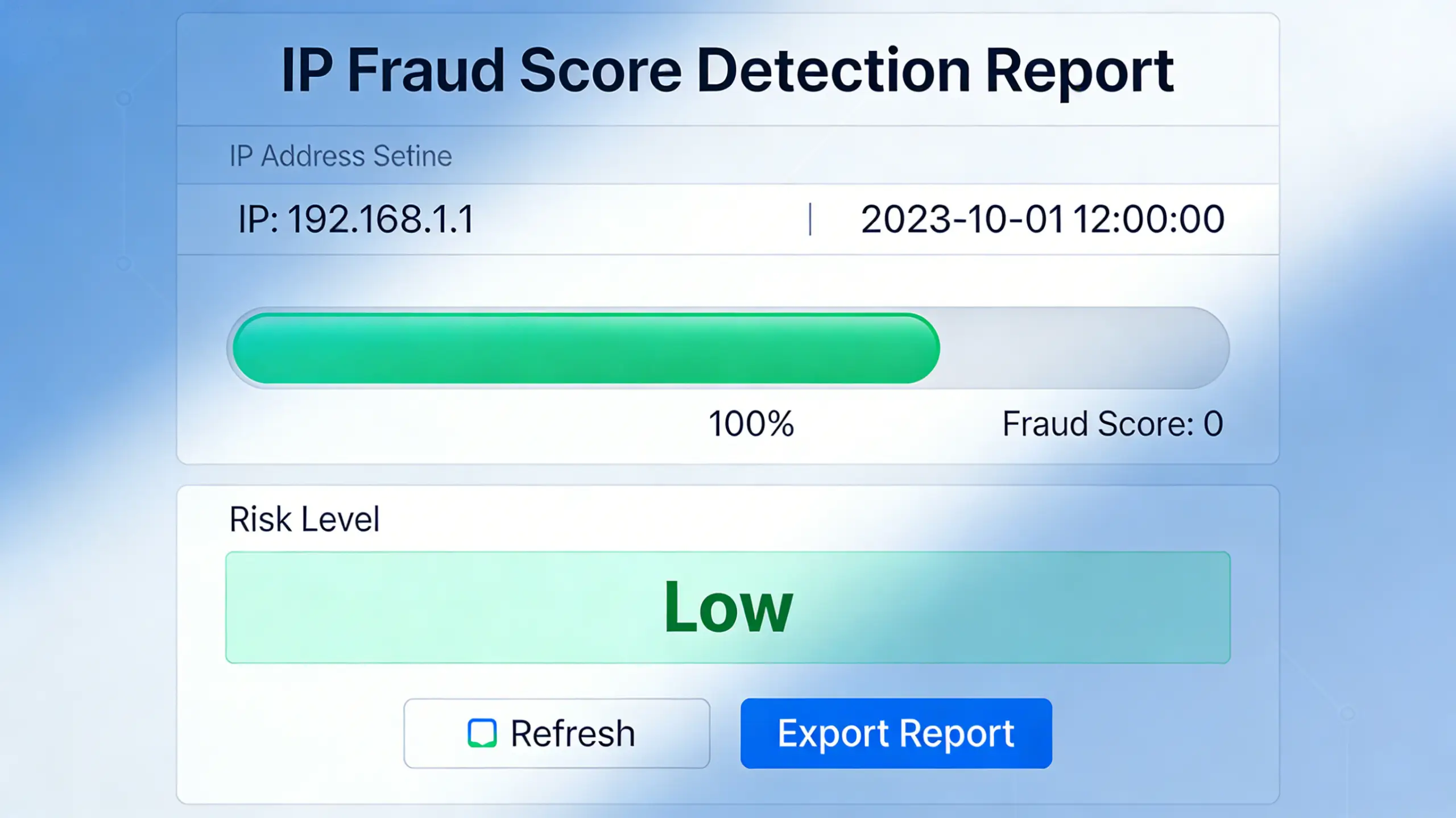 IP欺诈分数检测报告截图：显示低风险绿色条，Fraud Score为0，Risk Level为Low