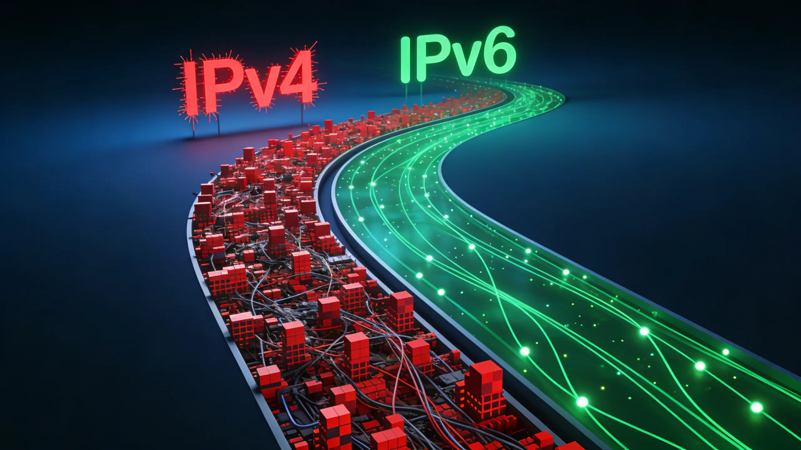 对比图：拥挤不堪且标记红色的IPv4通道与空旷畅通的IPv6绿色通道，象征网络纯净度差异