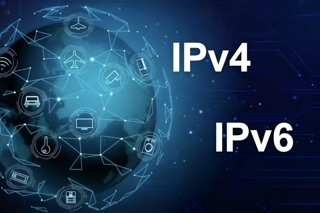 IPv4与IPv6技术对比概念图，左侧为发光线条构成的全球网络球体，内置多种应用图标；右侧垂直排列白色文字“IPv4”与“IPv6”，背景为深蓝科技星空。