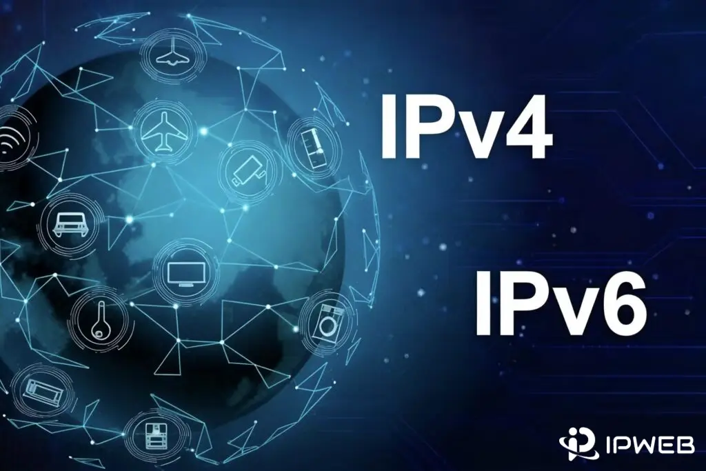 IPv4与IPv6技术对比概念图，左侧为发光线条构成的全球网络球体，内置多种应用图标；右侧垂直排列白色文字“IPv4”与“IPv6”，背景为深蓝科技星空。