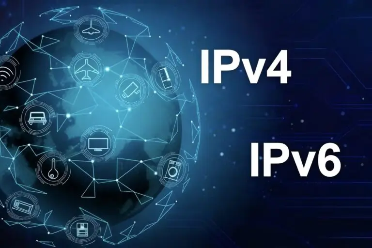 IPv4与IPv6技术对比概念图，左侧为发光线条构成的全球网络球体，内置多种应用图标；右侧垂直排列白色文字“IPv4”与“IPv6”，背景为深蓝科技星空。