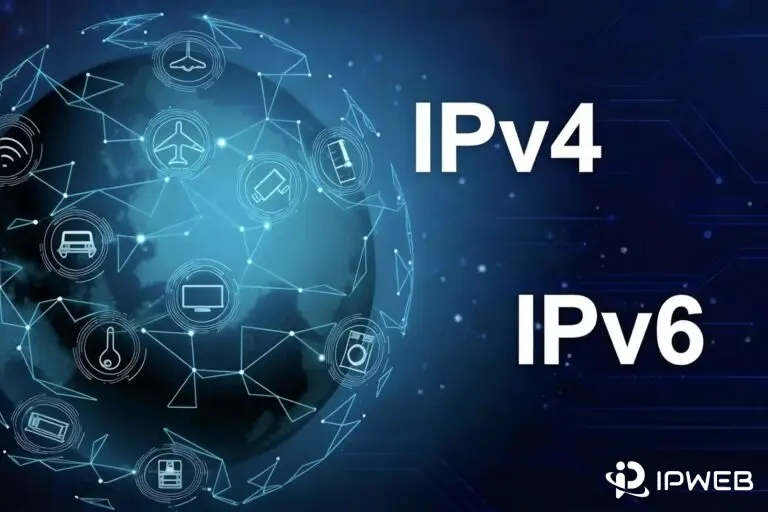 IPv4与IPv6技术对比概念图，左侧为发光线条构成的全球网络球体，内置多种应用图标；右侧垂直排列白色文字“IPv4”与“IPv6”，背景为深蓝科技星空。