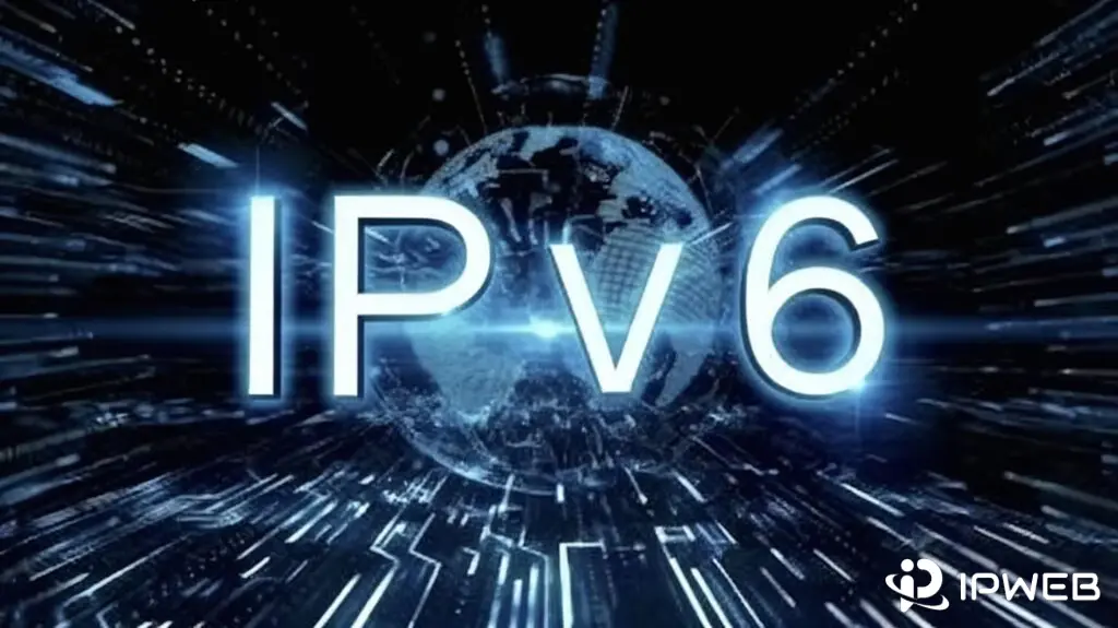 一张展示IPv6技术的科技主题图片，白色立体发光文字“IPv6”悬浮于半透明网格地球仪之上，背景是深蓝色数字空间与向外辐射的明亮数据流，象征全球网络互联与高速数据传输。