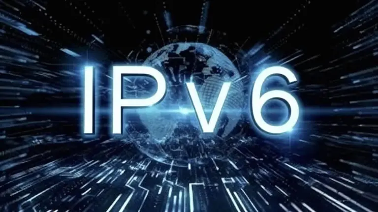 一张展示IPv6技术的科技主题图片，白色立体发光文字“IPv6”悬浮于半透明网格地球仪之上，背景是深蓝色数字空间与向外辐射的明亮数据流，象征全球网络互联与高速数据传输。