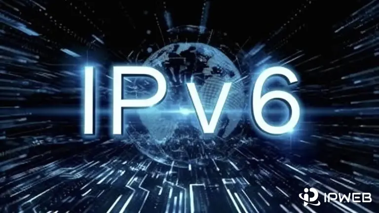 一张展示IPv6技术的科技主题图片，白色立体发光文字“IPv6”悬浮于半透明网格地球仪之上，背景是深蓝色数字空间与向外辐射的明亮数据流，象征全球网络互联与高速数据传输。