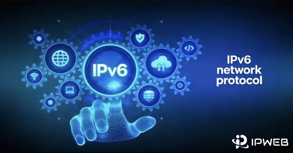 一张描绘IPv6网络协议的科技概念图。中心是一个被半透明发光手指触摸的蓝色“IPv6”圆形图标，其周围环绕着多个内嵌地球、盾牌、云朵、Wi-Fi、服务器等符号的齿轮，背景为深色渐变，象征着人类对下一代互联网核心技术的掌握与广泛应用。