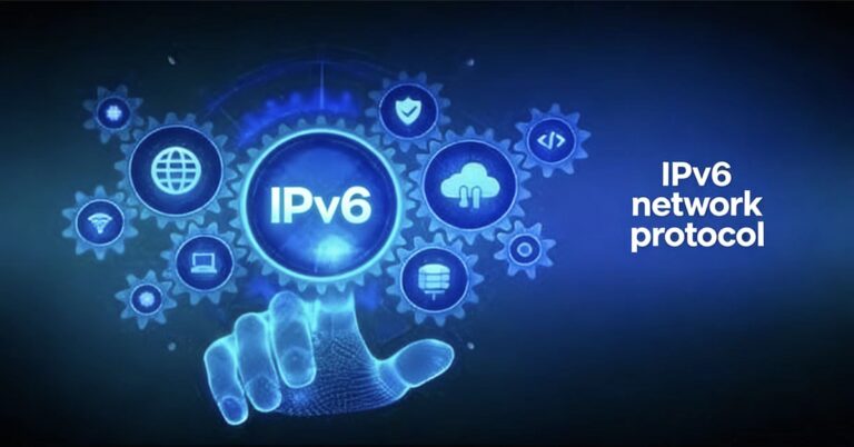 一张描绘IPv6网络协议的科技概念图。中心是一个被半透明发光手指触摸的蓝色“IPv6”圆形图标，其周围环绕着多个内嵌地球、盾牌、云朵、Wi-Fi、服务器等符号的齿轮，背景为深色渐变，象征着人类对下一代互联网核心技术的掌握与广泛应用。