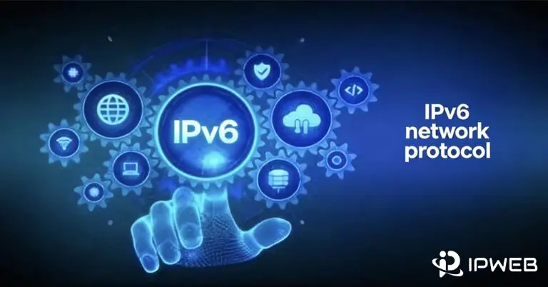 一张描绘IPv6网络协议的科技概念图。中心是一个被半透明发光手指触摸的蓝色“IPv6”圆形图标，其周围环绕着多个内嵌地球、盾牌、云朵、Wi-Fi、服务器等符号的齿轮，背景为深色渐变，象征着人类对下一代互联网核心技术的掌握与广泛应用。