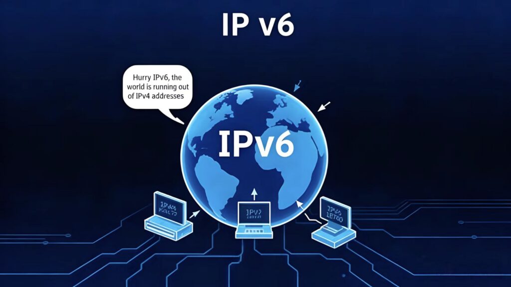 一张呼吁IPv6升级的宣传图，标语“Hurry IPv6, the world is running out of IPv4 addresses”旁，蓝色地球标注“IPv6”，周围环绕三台显示相关字符的电脑，深蓝背景带有电路纹理。