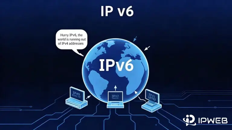 一张呼吁IPv6升级的宣传图，标语“Hurry IPv6, the world is running out of IPv4 addresses”旁，蓝色地球标注“IPv6”，周围环绕三台显示相关字符的电脑，深蓝背景带有电路纹理。