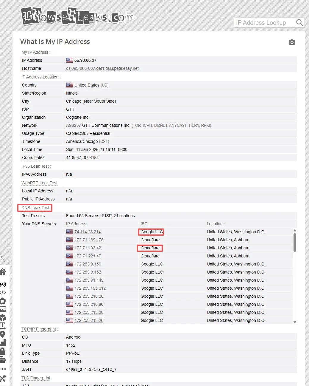 DNS远程解析的正常状态：显示Google或Cloudflare DNS