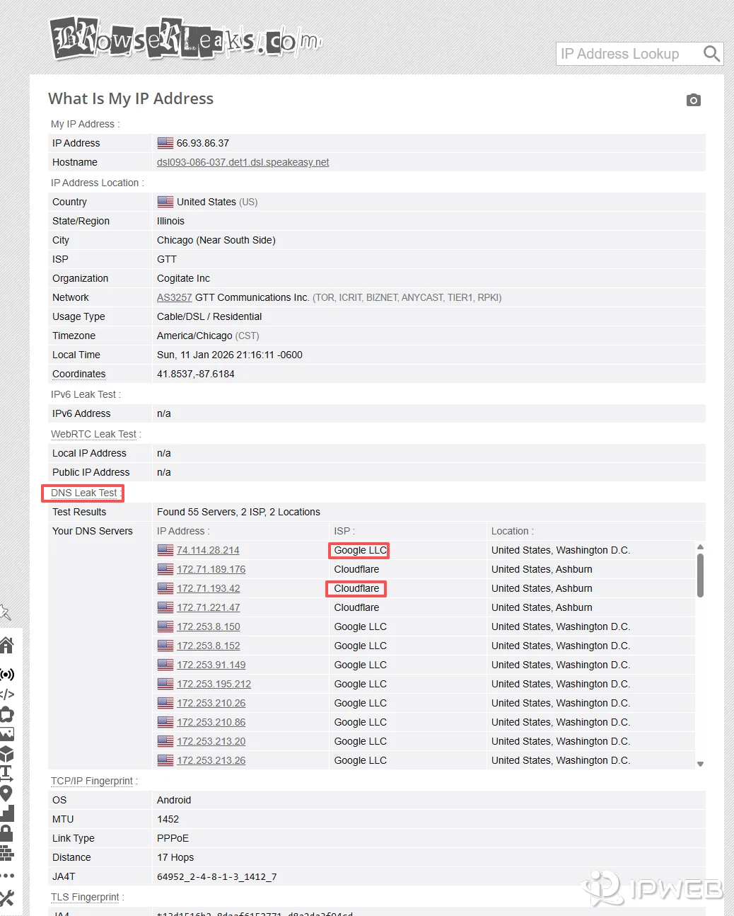 DNS远程解析的正常状态：显示Google或Cloudflare DNS