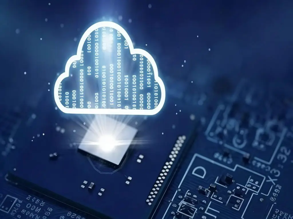 一幅描绘云计算与电路板融合的科技概念图。蓝色PCB电路板中央有一块发光的芯片，板上集成带有二进制数据的云朵图标，下方有光线效果，背景虚化，突出硬件与数据传输的科技感。