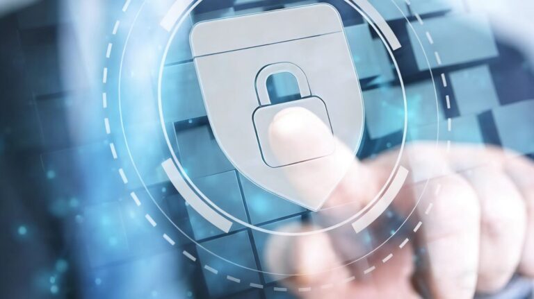 一张网络安全与触控交互概念图。一只手指正触摸一个中心有锁形图标的透明盾牌，背景是蓝色网格，周围环绕着半透明弧线，象征在数字世界中保护数据与隐私的安全交互界面。