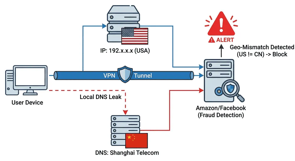 DNS 泄露风险图解：风控系统检测到流量 IP 归属地（美国）与 DNS 请求归属地（中国）不一致，判定为地理位置逻辑冲突