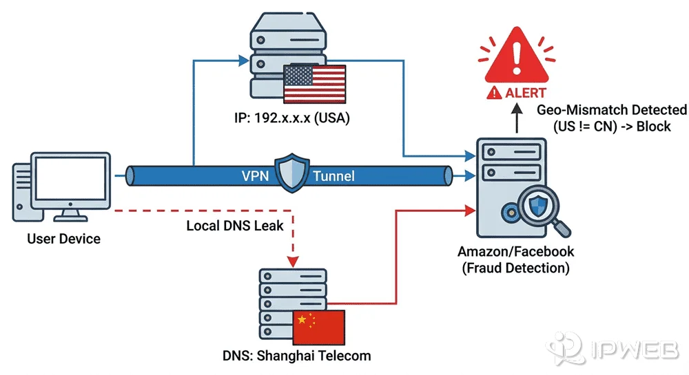DNS 泄露风险图解：风控系统检测到流量 IP 归属地（美国）与 DNS 请求归属地（中国）不一致，判定为地理位置逻辑冲突