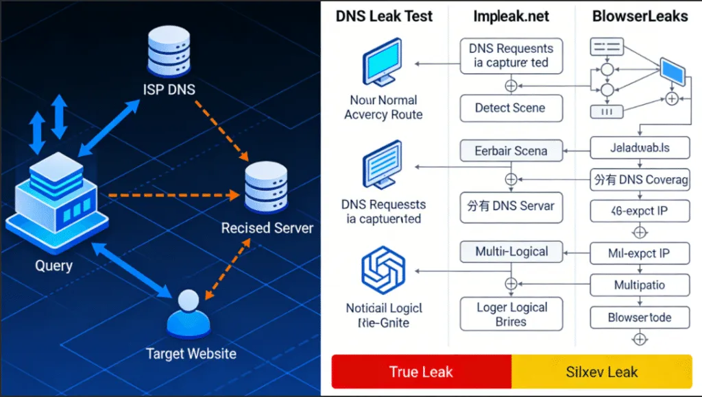 DNS泄露检测原理与工具对比，展示代理IP环境下真实泄露与假性误报的判定逻辑