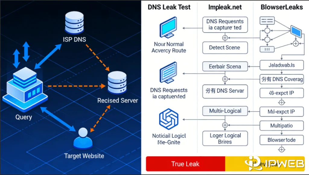 DNS泄露检测原理与工具对比，展示代理IP环境下真实泄露与假性误报的判定逻辑