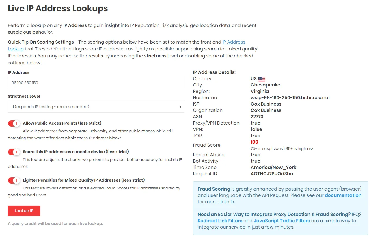 IP 风险检测分析界面示意图，展示欺诈评分、代理检测结果