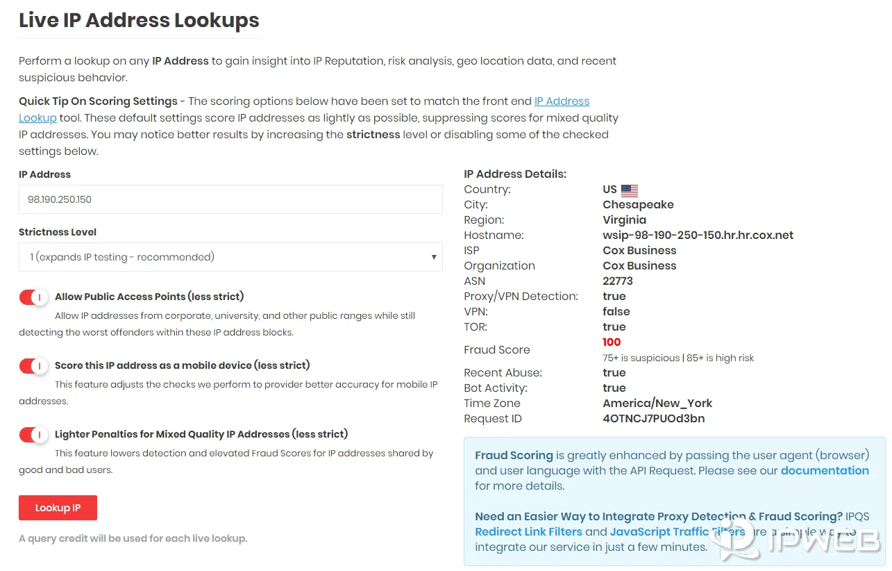 IP 风险检测分析界面示意图，展示欺诈评分、代理检测结果