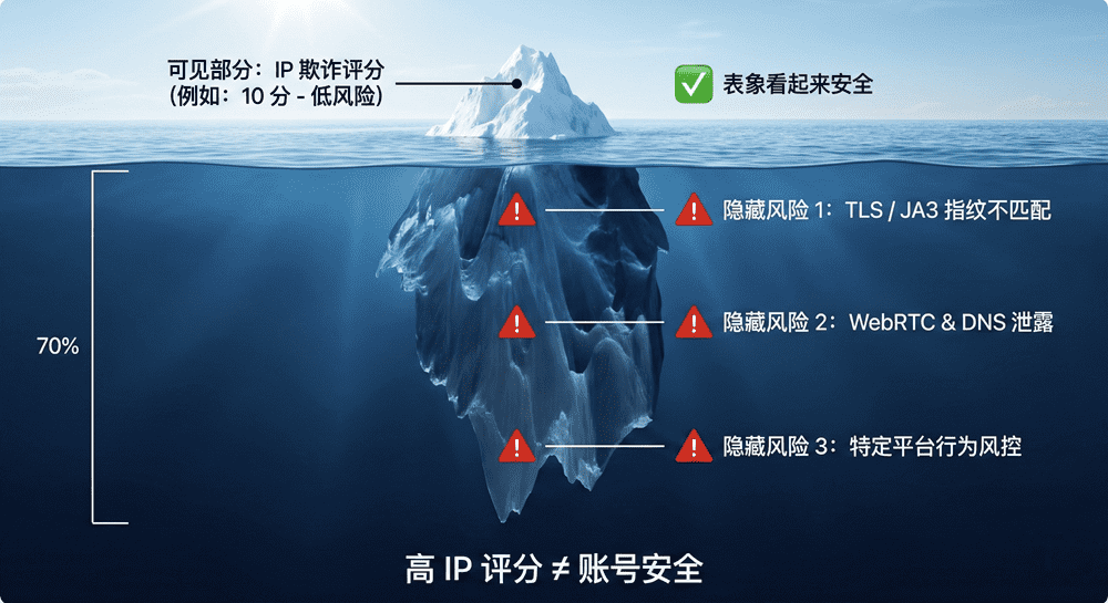账号风控冰山模型示意图：水面上是可见的IP纯净度评分，水下是不可见的TLS指纹、WebRTC泄露和平台行为风控