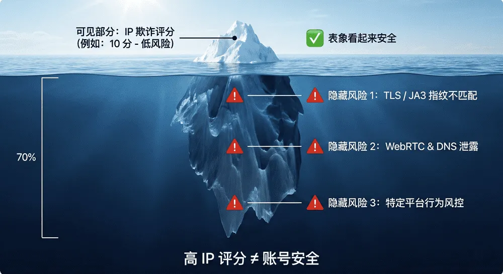 账号风控冰山模型示意图：水面上是可见的IP纯净度评分，水下是不可见的TLS指纹、WebRTC泄露和平台行为风控