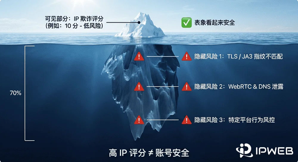 账号风控冰山模型示意图：水面上是可见的IP纯净度评分，水下是不可见的TLS指纹、WebRTC泄露和平台行为风控