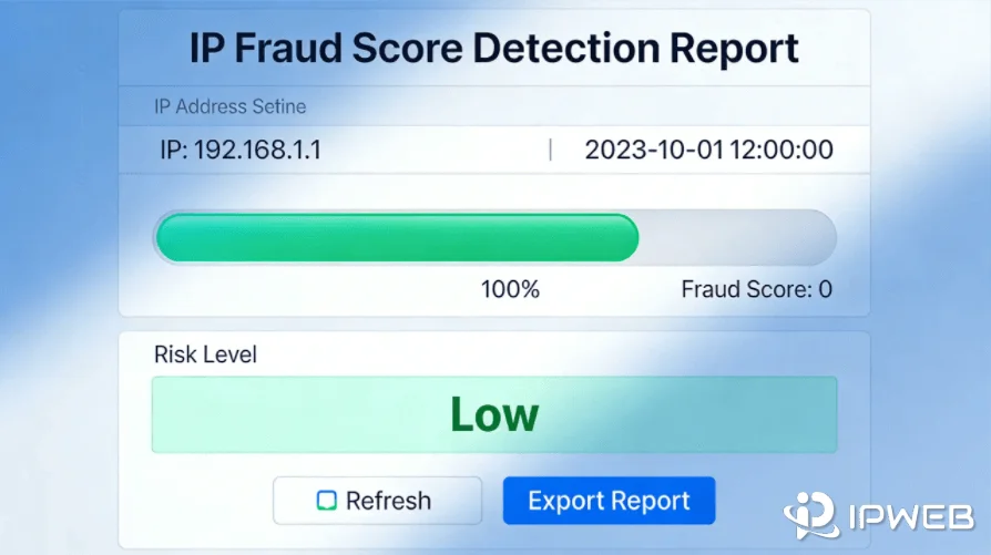 IP欺诈分数检测报告截图：显示低风险绿色条，Fraud Score为0，Risk Level为Low