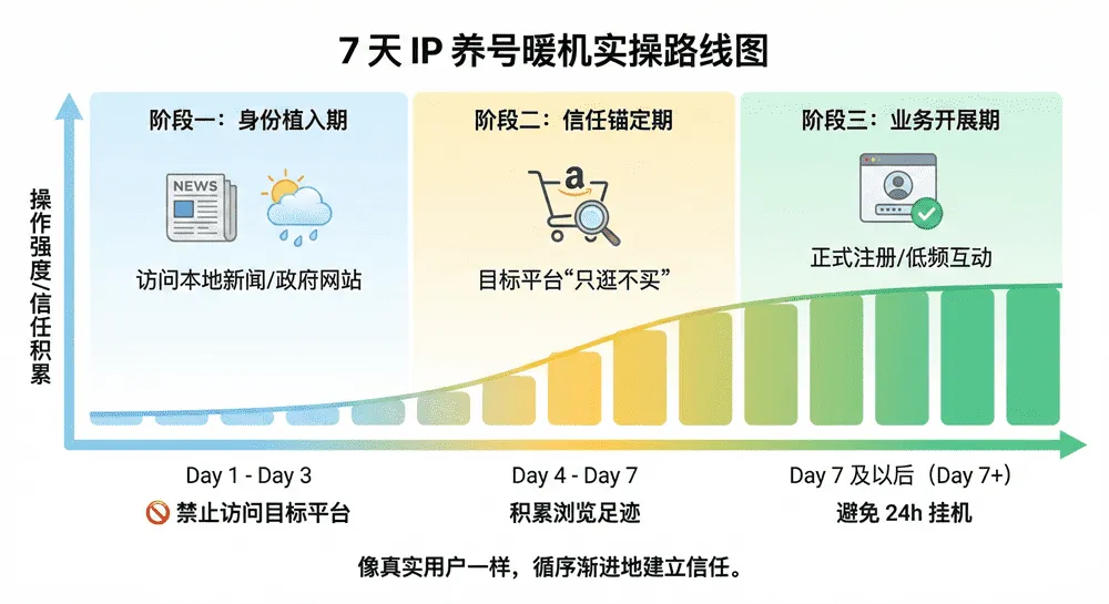 账号预热三阶段时间轴示意图：从身份植入(Day1-3)到信任锚定(Day4-7)再到业务开展(Day7+)的操作强度曲线