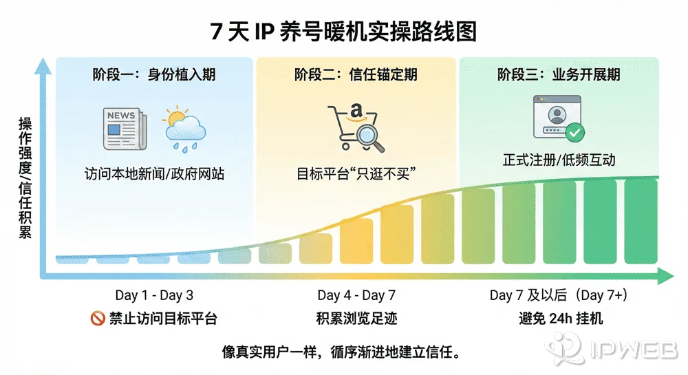 账号预热三阶段时间轴示意图：从身份植入(Day1-3)到信任锚定(Day4-7)再到业务开展(Day7+)的操作强度曲线