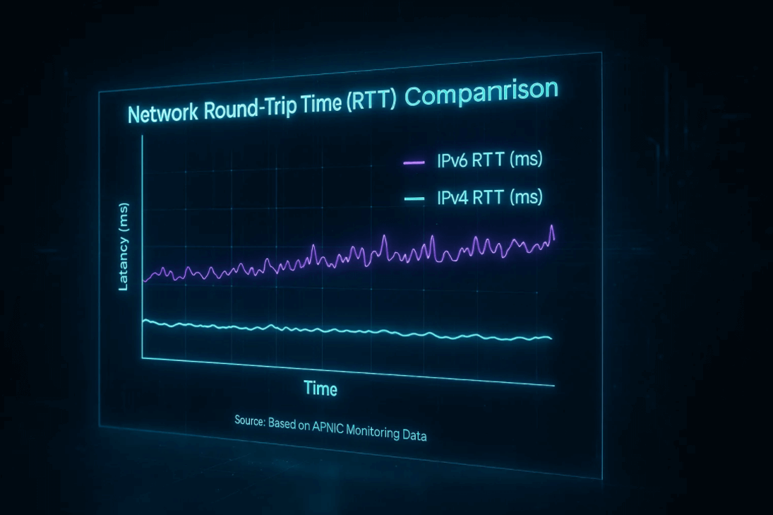 IPv4与IPv6网络延迟性能对比测试图表，显示移动网络下IPv6加载速度更快