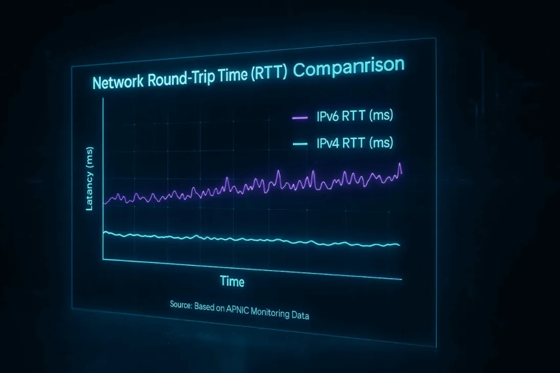 IPv4与IPv6网络延迟性能对比测试图表，显示移动网络下IPv6加载速度更快