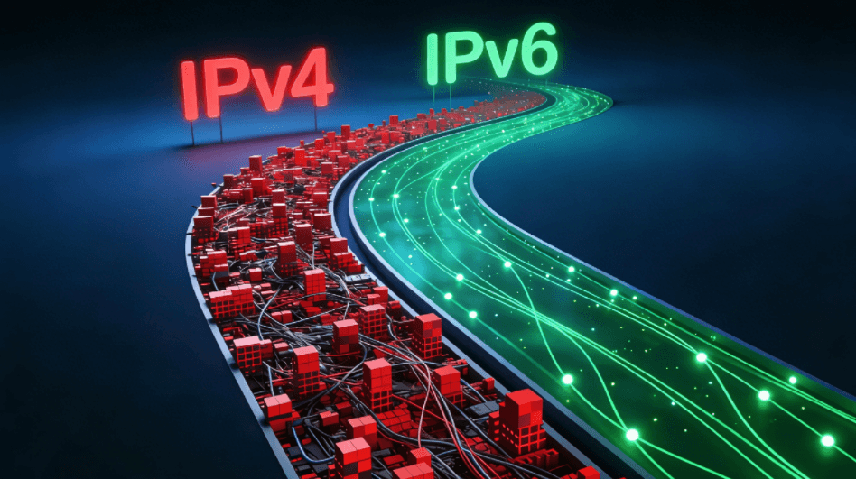 对比图：拥挤不堪且标记红色的IPv4通道与空旷畅通的IPv6绿色通道，象征网络纯净度差异