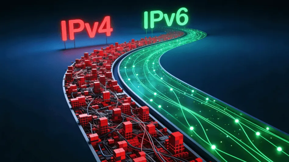 对比图：拥挤不堪且标记红色的IPv4通道与空旷畅通的IPv6绿色通道，象征网络纯净度差异