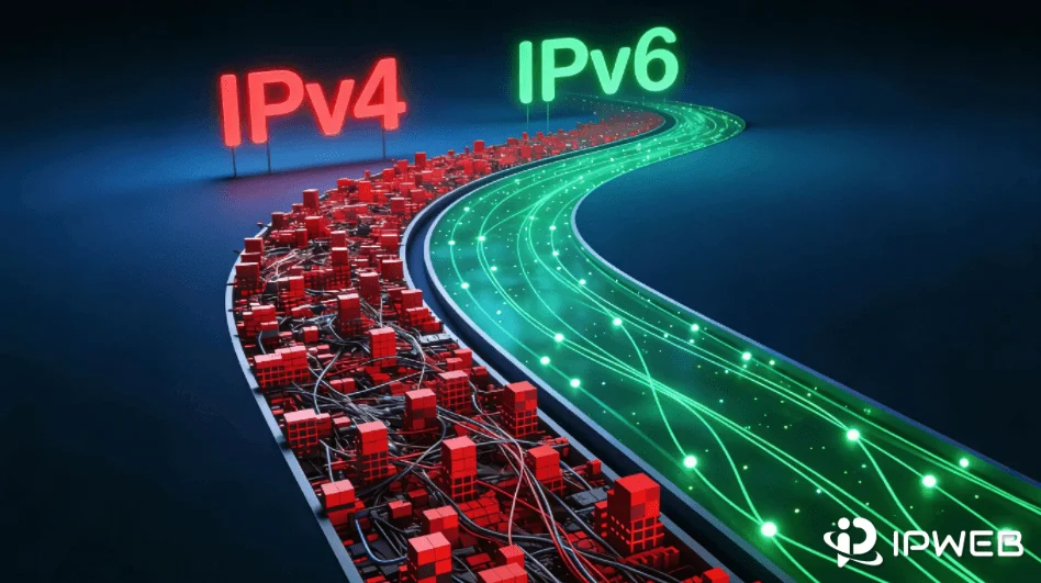 对比图：拥挤不堪且标记红色的IPv4通道与空旷畅通的IPv6绿色通道，象征网络纯净度差异