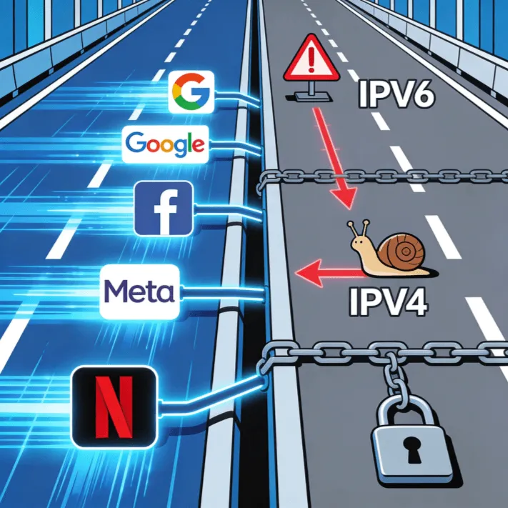 一个概念性的插图，展示了通往 2026 年全球主流网站的高速 IPv6 数字高速公路，对比了拥堵的旧 IPv4 路径。