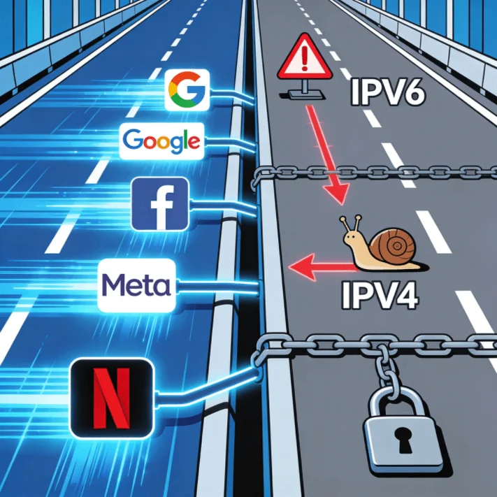 一个概念性的插图，展示了通往 2026 年全球主流网站的高速 IPv6 数字高速公路，对比了拥堵的旧 IPv4 路径。