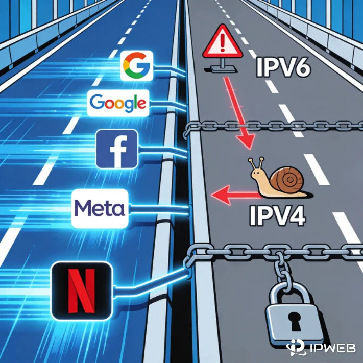 一个概念性的插图，展示了通往 2026 年全球主流网站的高速 IPv6 数字高速公路，对比了拥堵的旧 IPv4 路径。