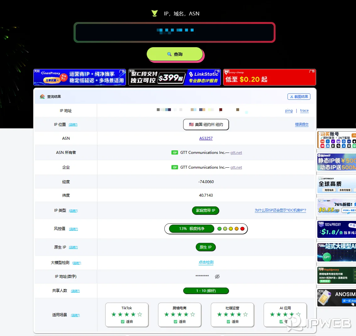IPWeb纯净IP验收示例，检查出口IP地区ASN网络组织和风险标记