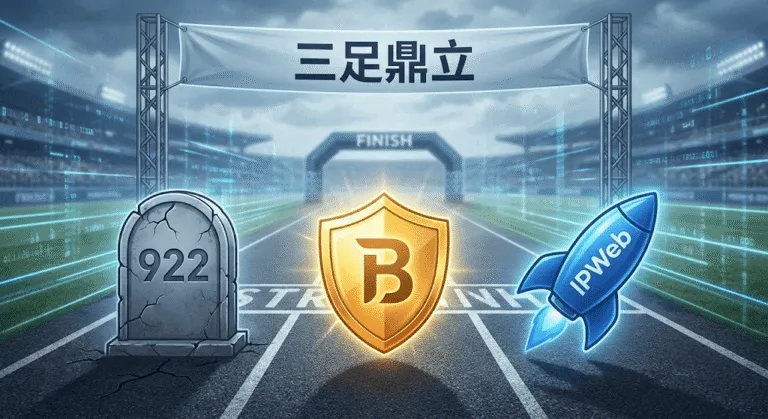 赛道上 922 S5 的灰色墓碑象征其停服，Bright Data 的金色盾牌代表企业级合规，IPWeb 的蓝色火箭代表高性价比与速度，寓意三足鼎立的市场新竞争。