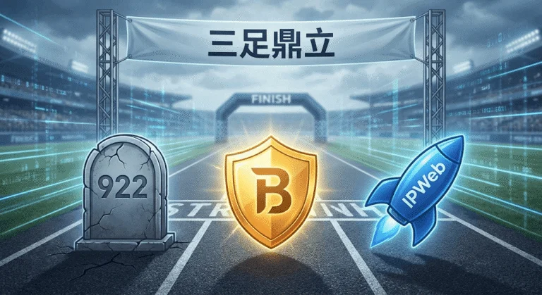 赛道上 922 S5 的灰色墓碑象征其停服，Bright Data 的金色盾牌代表企业级合规，IPWeb 的蓝色火箭代表高性价比与速度，寓意三足鼎立的市场新竞争。
