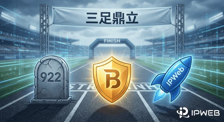 赛道上 922 S5 的灰色墓碑象征其停服，Bright Data 的金色盾牌代表企业级合规，IPWeb 的蓝色火箭代表高性价比与速度，寓意三足鼎立的市场新竞争。
