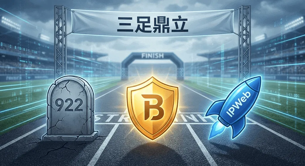 赛道上 922 S5 的灰色墓碑象征其停服，Bright Data 的金色盾牌代表企业级合规，IPWeb 的蓝色火箭代表高性价比与速度，寓意三足鼎立的市场新竞争。
