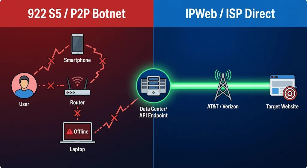 架构对比：原生 ISP 直连网络的稳定性远高于 P2P 扫号资源
