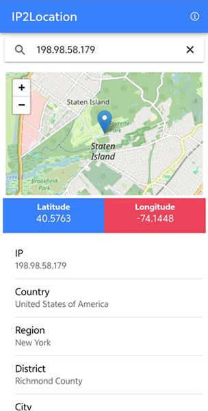 IP2Location 手机 App 运行界面，展示基于 IP 的可视化地图定位以及精确的经纬度坐标数据