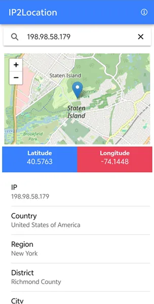 IP2Location 手机 App 运行界面，展示基于 IP 的可视化地图定位以及精确的经纬度坐标数据
