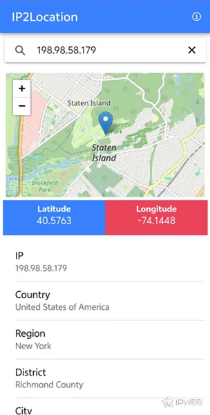 IP2Location 手机 App 运行界面，展示基于 IP 的可视化地图定位以及精确的经纬度坐标数据